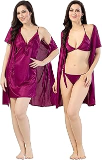 romaisa Women's Satin Solid Above Knee Length Nighty, Wrap Gown, Bra and Thong (Free Size) (Nightwear Set Pack of 4)-picture-15