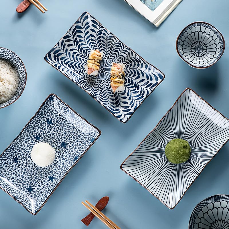 Image of 6-Piece Ceramic Dinner Set, 2 Plates & 4 Bowls, Microwave Safe, Dishwasher Safe, Floral Dinnerware (Blue & White Pattern, 1 Plate, 4 Bowl & 4 Chopsticks)