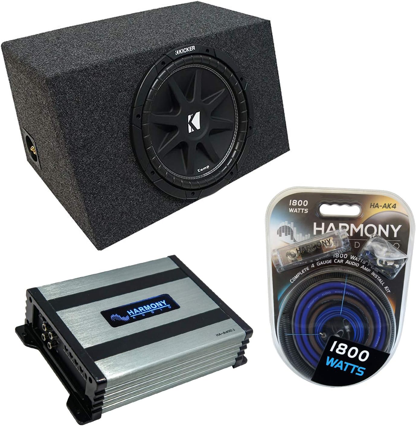 Harmony Audio Universal Car Stereo Hatchback Sealed Single 10" Kicker Bundle Comp C10 Sub Box Enclosure & Harmony HA-A400.1 Amp