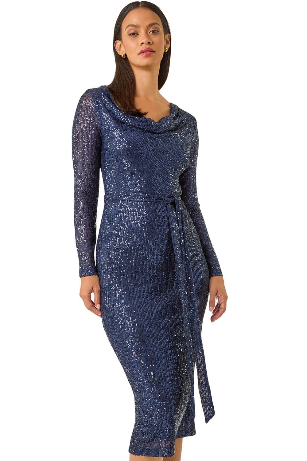 Roman Originals Women's Navy Dusk Fashion Sequin Cowl Neck Pencil Stretch Dress For Uk - Everyday Autumn Winter Comfy Soft Evening Vacation Work Party Night Out - Size 12