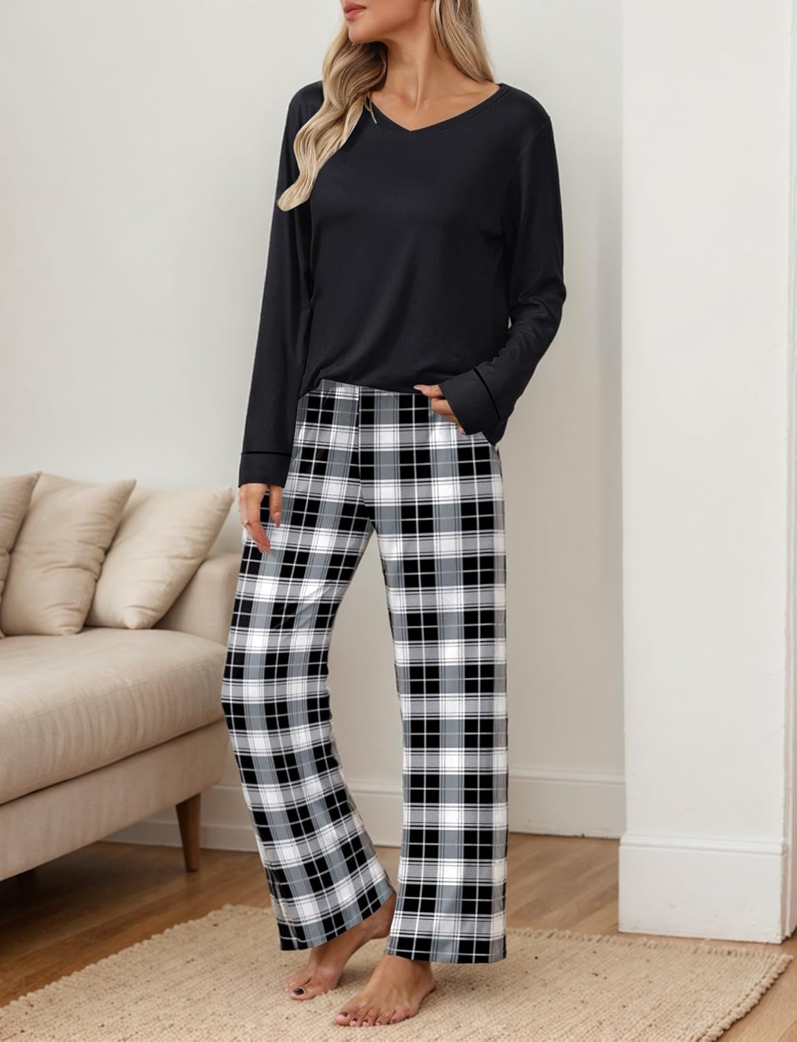 Ekouaer Womens Pajama Sets 2 piece Lounge Sets for Women V-neck Long Sleeve Top and Elastic Waist Pants with Pockets - Image 2