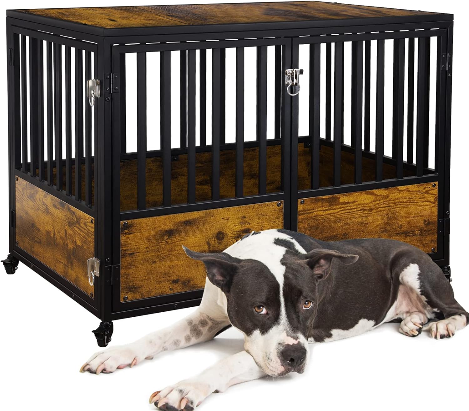SMONTER Large Dog Crate Furniture-44In Wooden Dog Cage for Medium Large Dogs, Decorative Dog Kennel Indoor with 3 Doors and Lockable…