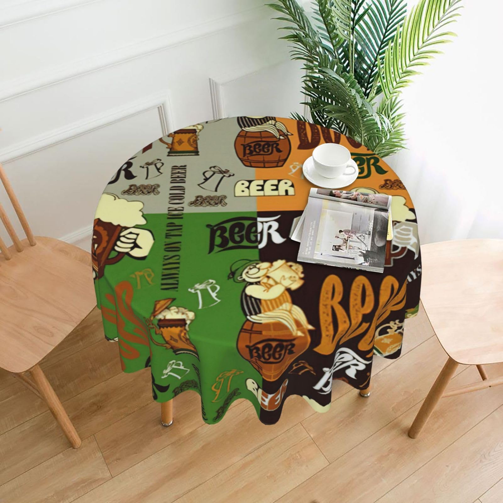 Zcmkjlg Beer Print Quick Ship Round Tablecloth 60in Polyester Washable Cover for Dining Room