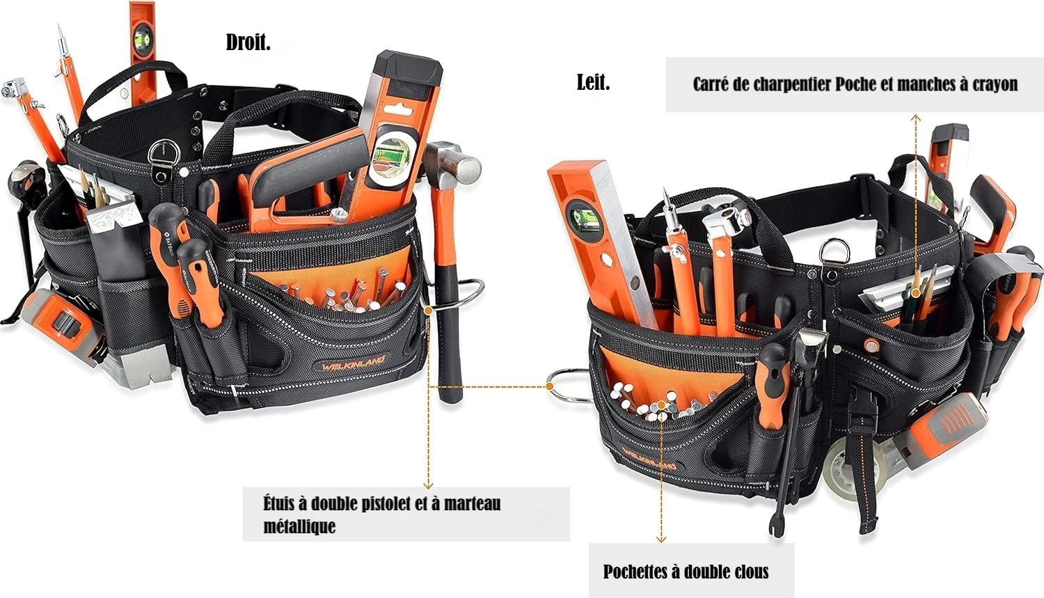 WELKINLAND Ceinture à outils de charpentier à 18 poches – Pochette à outils de construction et CVC pour charpentier