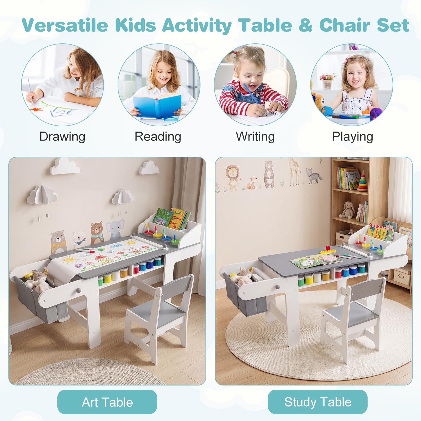 LIFEZEAL Kindertisch mit Stuhl, Kindersitzgruppe für Kleinkinder | Aktivitätsschreibtisch mit Papierrolle zum Spielen, Zeichnen, Zeichentisch für Mädchen und Jungen ab 3 Jahren