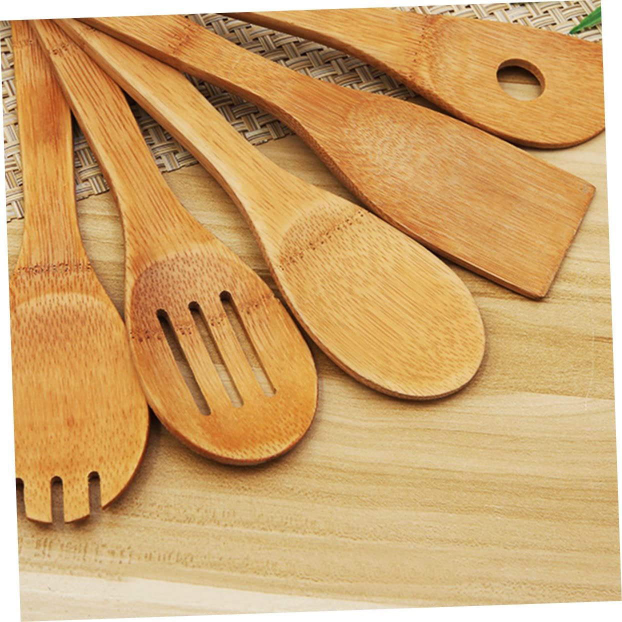 Set 5 Utensili Da Cucina In Bambù Con Supporto - Cucchiaio, Spatola E Forchetta - Ecologici E Termoresistenti - 2