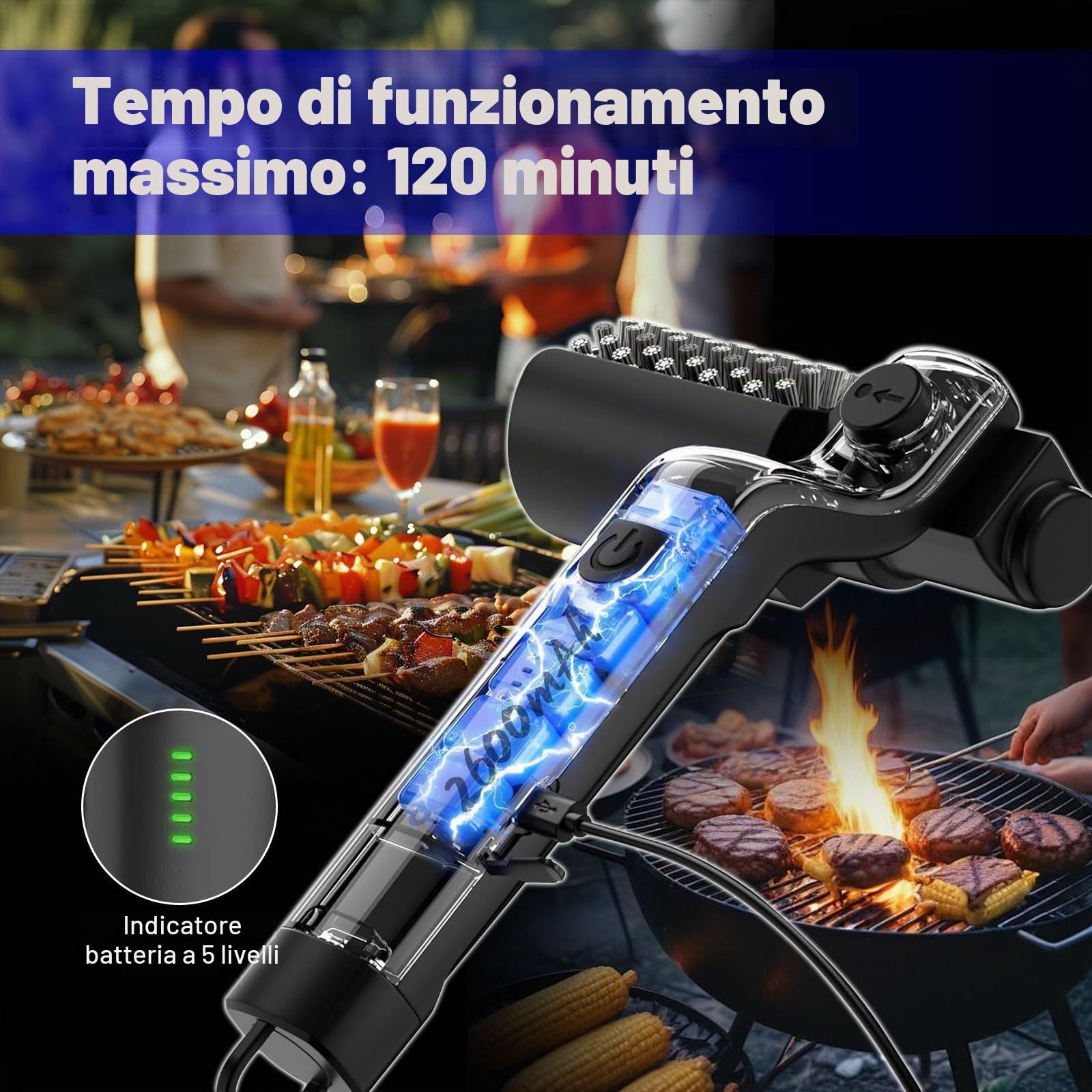 Spazzola Elettrica per Barbecue con Braccio a 180°, 2 Testine, Ricaricabile Senza Fili – Pulisce Griglia Bbq Elettrico con Paraspruzzi – Grill Brush Elettrico per Cucina e Barbecue