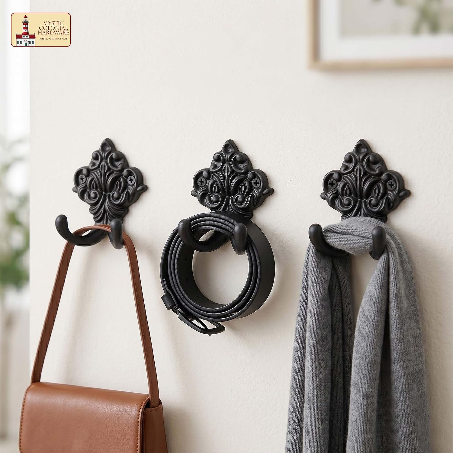 Mystic Colonial Victorian Double Prong Wall Hooks Set of 2 - Cast Iron Coat Hooks with Black Finish for Towels, Hats, Keys, Bags & Clothes