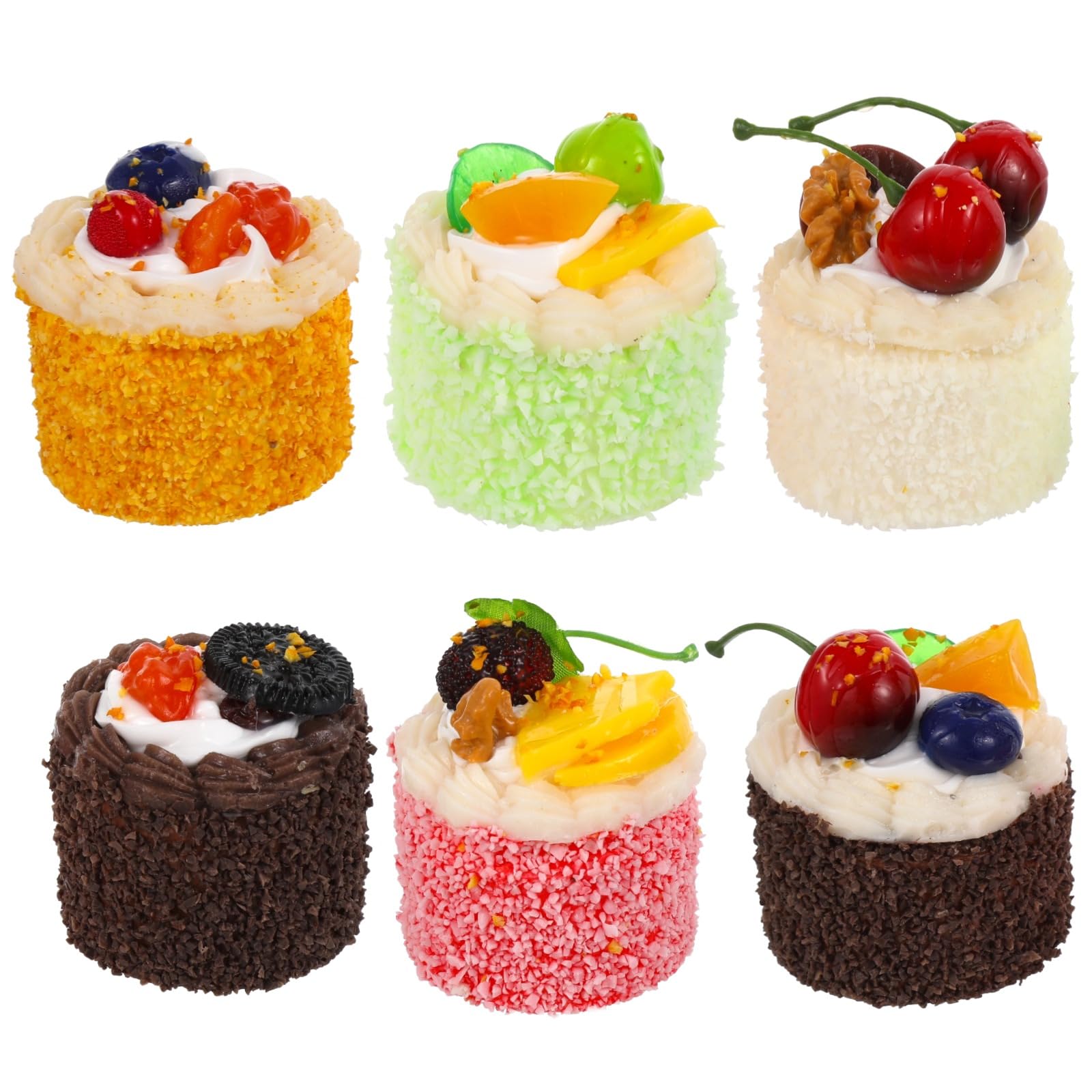 6 cupcake finti in mousse per decorazione e presentazione, modello di torta con decorazione alla frutta, in morbido PU, decorazione per frigorifero e oggetti di scena, per vetrina e tavolo