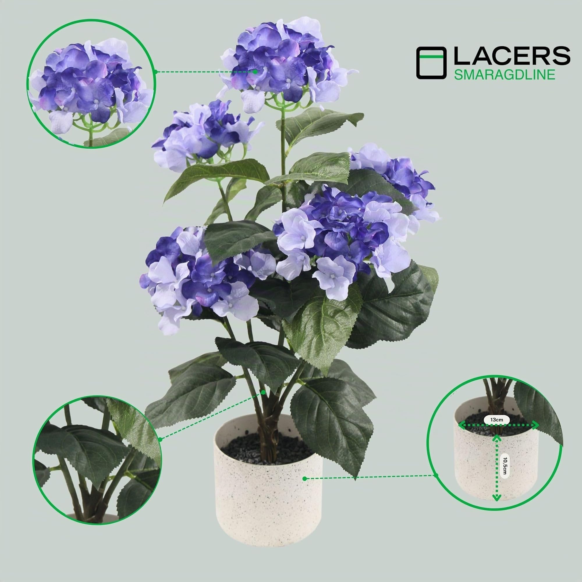 Lacers SMARAGDLINE künstliches Hortensien 2er Set blau - 55cm künstliche Pflanzen dekorative kunstpflanze im Topf lebendige Farben wie echt wirkende Blätter & Blüten Hortensienbusch für zuhause & Büro