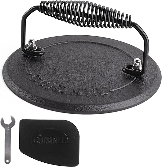 Cuisinel Grill Press - Cast Iron Burger Press for Bacon, Steak and Smashed Hamburgers - 7.5" Round Pre-Seasoned 4-lb. Weight Sandwich/Panini Maker - Griddle, BBQ, Grill Accessory