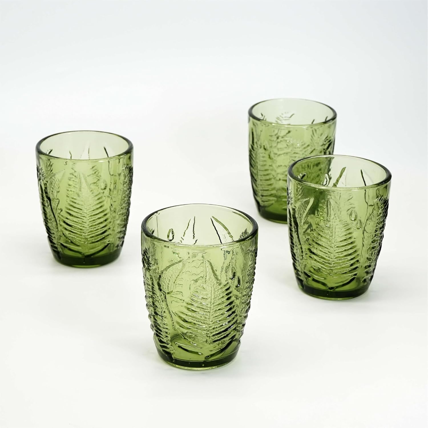 Vintage Leaf Pattern Glass Tumblers, Set of 4, 10oz Green Embossed Drinking Glasses, Retro Lowball Water Cups for Home or Bar (4, Green) - Image 3