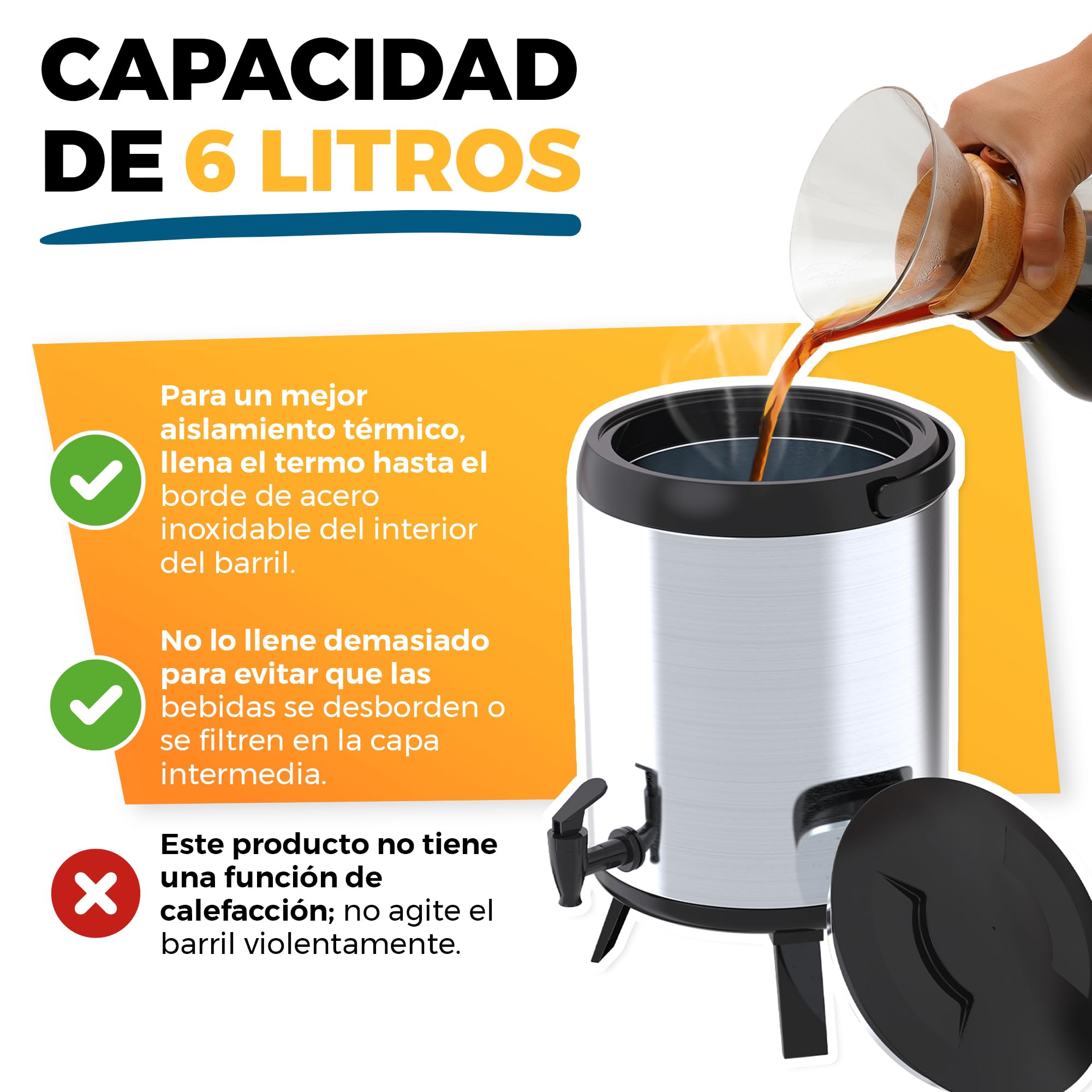 Termo Grande - Termo Contenedor 6L Portátil - Dispensador de Bebidas Térmico con Grifo - Dispensador Bebidas Frías/Calientes, Agua, Café - Para Catering, Hoteles, Eventos o Reuniones - Acero Inox