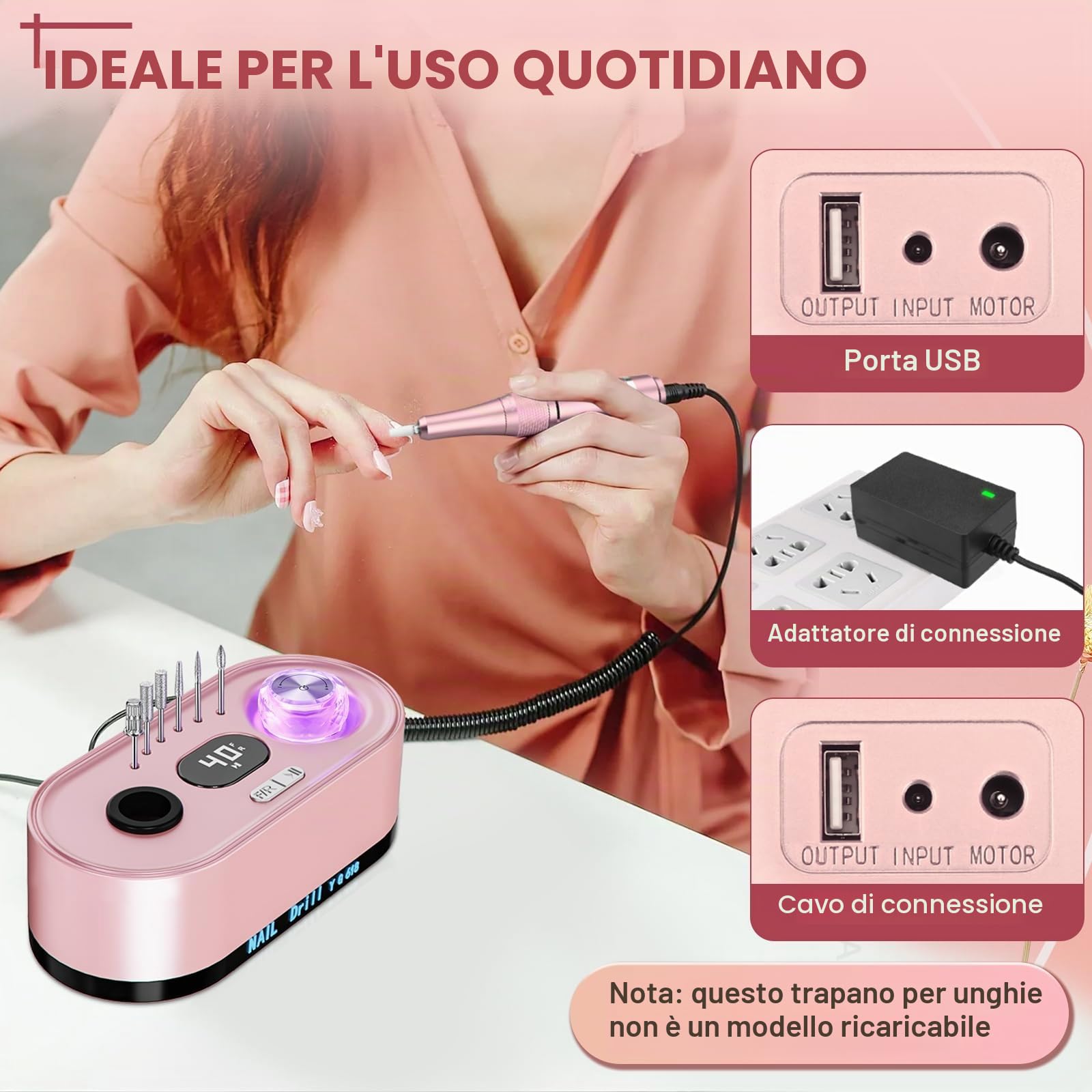 Fresa per unghie in gel, fresa elettrica professionale 40000U/M, fresa per manicure e pedicure, set fresa per unghie per diverse esigenze di manicure e pedicure, non ricaricabile (rosa)