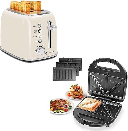 Aigostar Tostadora de 2 rebanadas y sándwicheros, tostadoras retro extra anchas mejor calificadas para tostar bagels, panes, sándwich Panini Press