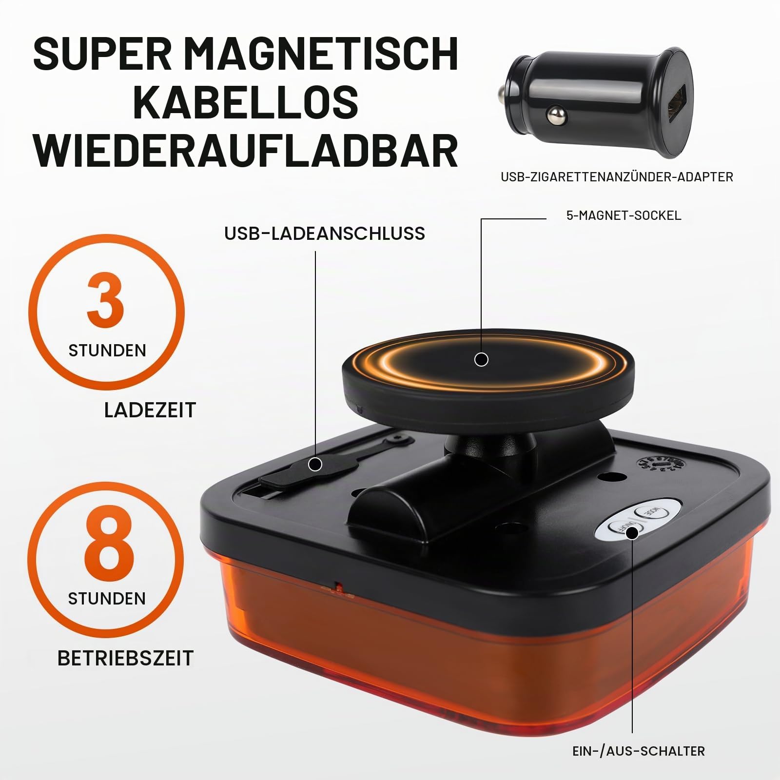 AOHEWEI Kabellose LED Warnleuchten-Set, 12V/24V 5 Modi Wiederaufladbare Magnetische Gefahrenblinkleuchten, Amber Notfall-Stroboskoplampe für LKW Traktor Bus Fahrzeuge