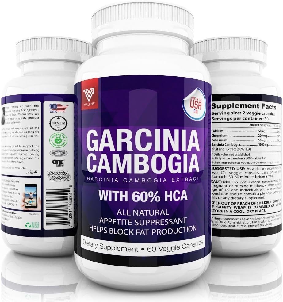Valens® - 100% Pure Garcinia Cambogia Extract With 60% HCA - Premium Ultra Strength 1000mg Vegetarian Capsules - Promotes Weight Loss - Natural Appetite Suppressant & Fat Blocker - 60 Pills Per Bottle