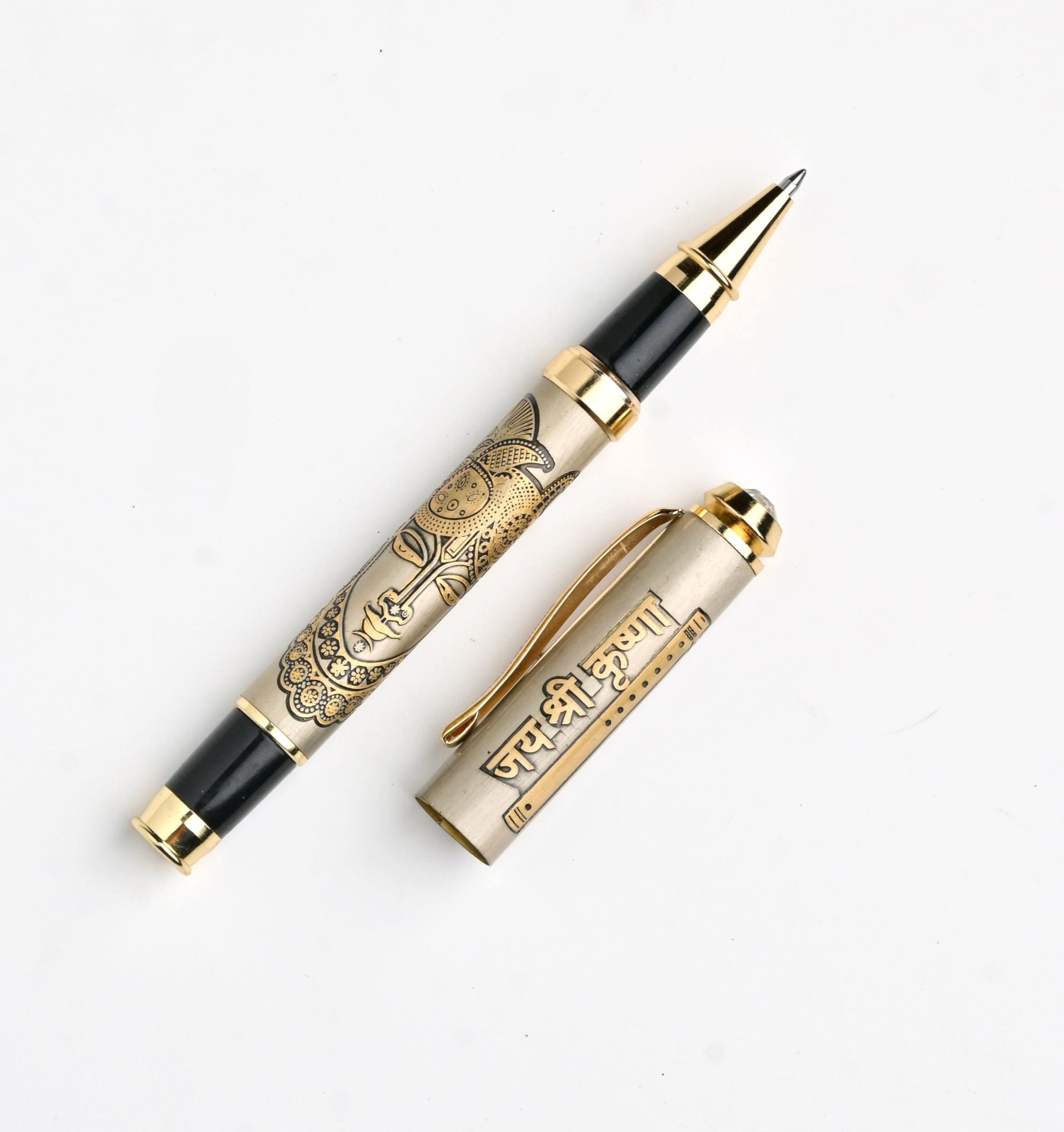 CUSTOMISED INDIA Lord Shrinathji Etched Pen – Premium Brass Roller Pen with Divine Krishna Engraving & Gold Finish