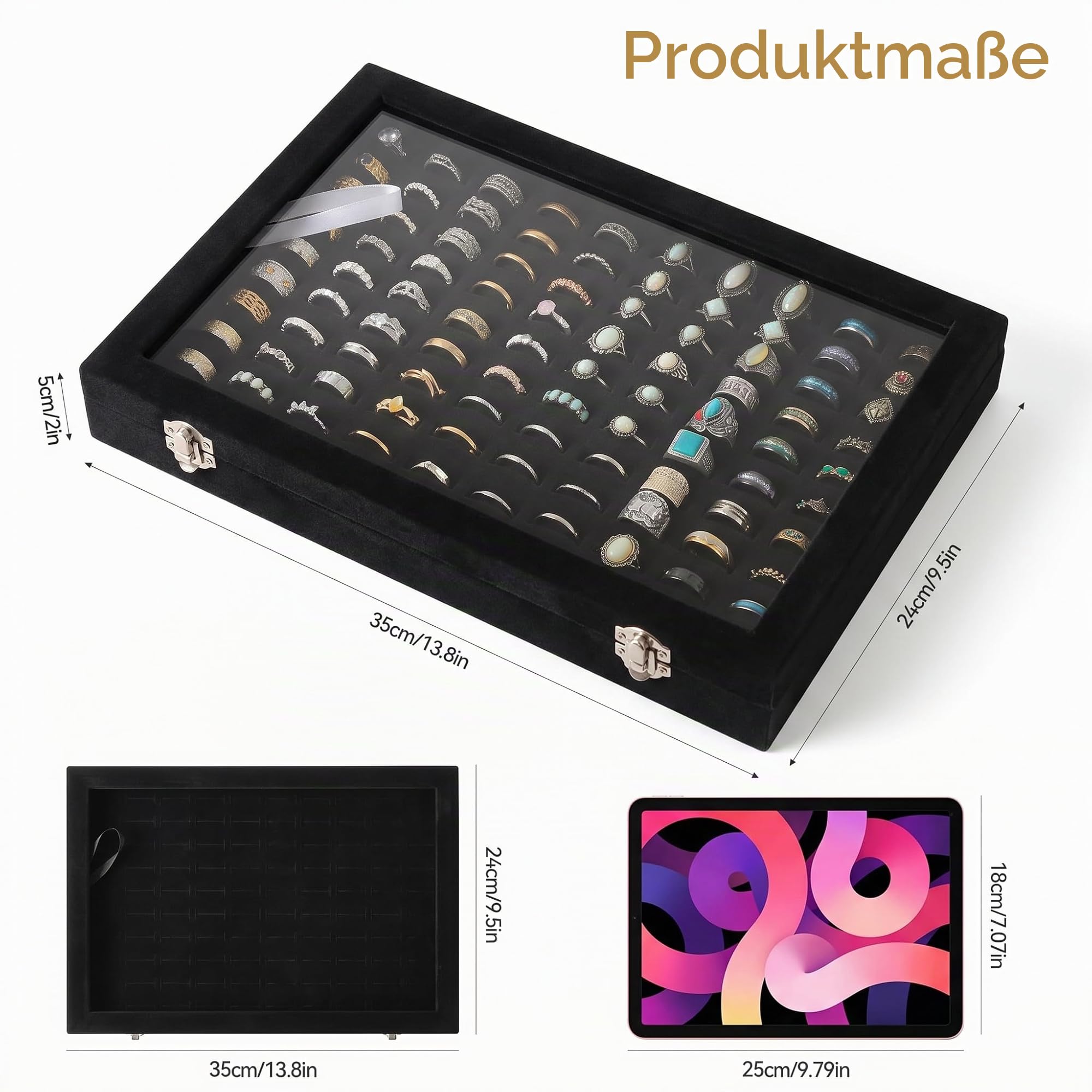 Frebeauty Ringorganizer-Tablett mit 100 Fächern, Ringhalter mit transparentem Deckel, Samtring-Aufbewahrungsbox, Ringablage für Schmuckaufbewahrung, Ringvitrine für Schmuck-Show, Ringbox für Damen