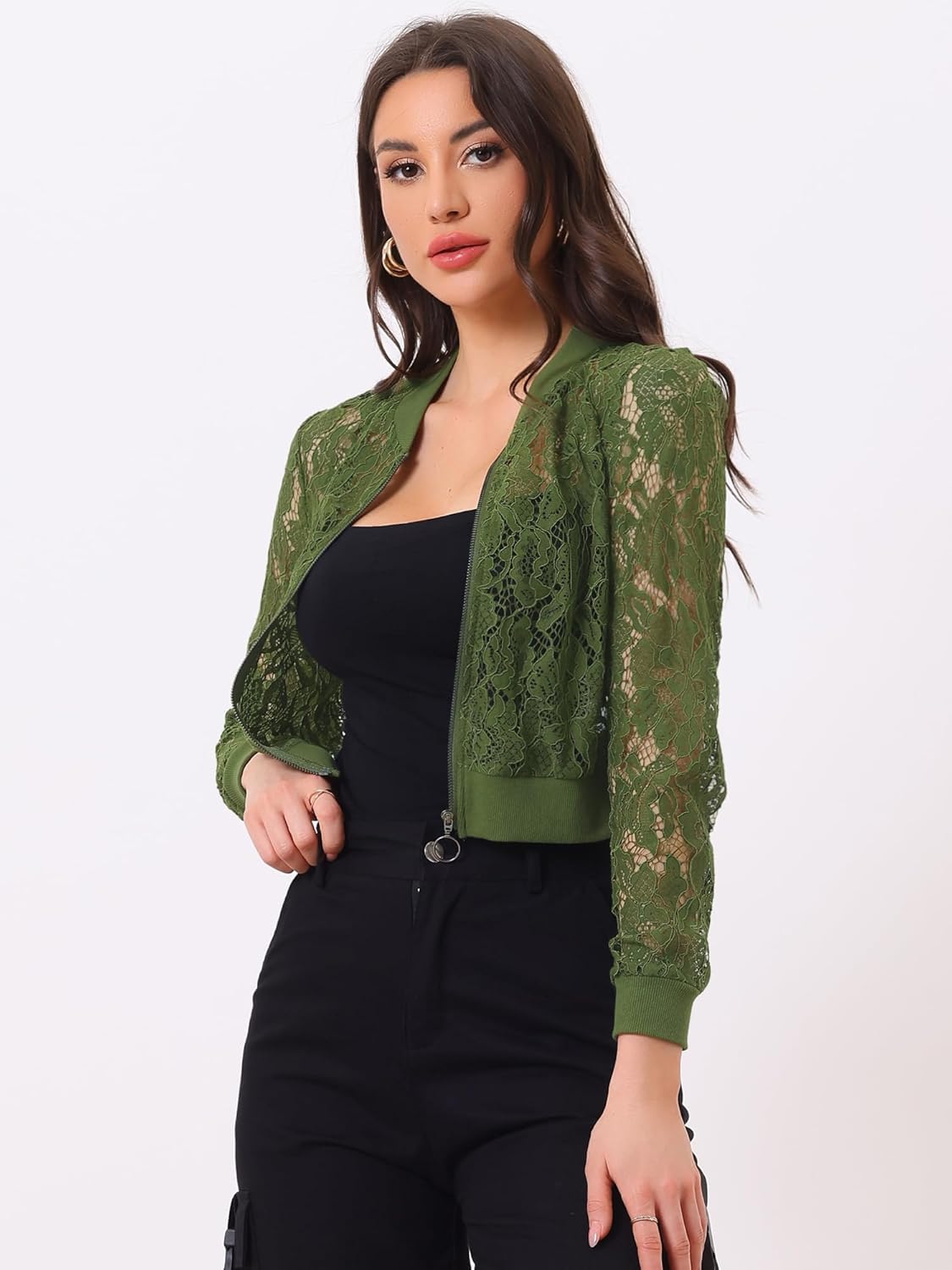 Allegra K Women's Crop Jacket Stand Collar Zip Up Sexy Sheer Gothic Lace Lightweight Baseball Jacket - Image 2