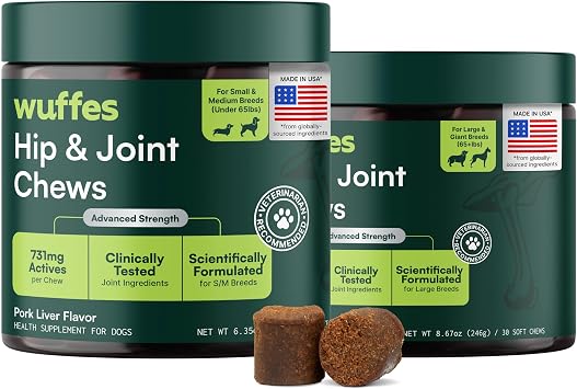 Wuffes Advanced Dog Hip and Joint Supplement with Glucosamine, Chondroitin, Omega 3, MSM, and Green Lipped Mussel, Pack of 2, Small & Large Breed