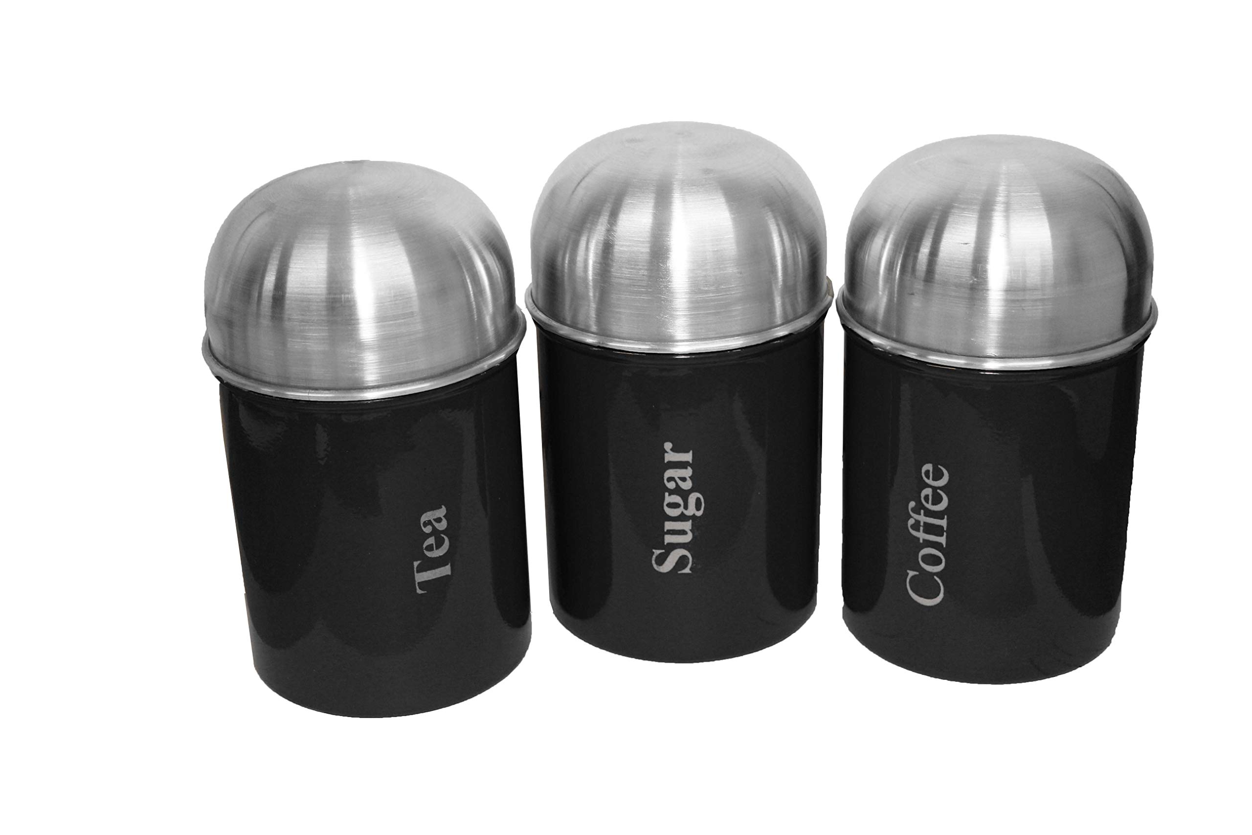 Prima 3pcs Stainless Steel Black Dome Canister Tea Coffee Sugar Kitchen Storage Canister Jar Pot Set
