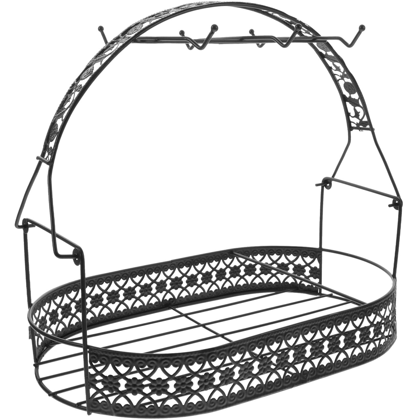 Yardwe Cup Rack Wrought Iron Mug Organiser with 6 Hooks and Wire Basket Flatback Countertop Storage for Kitchen Tea Cups and Coffee Mugs