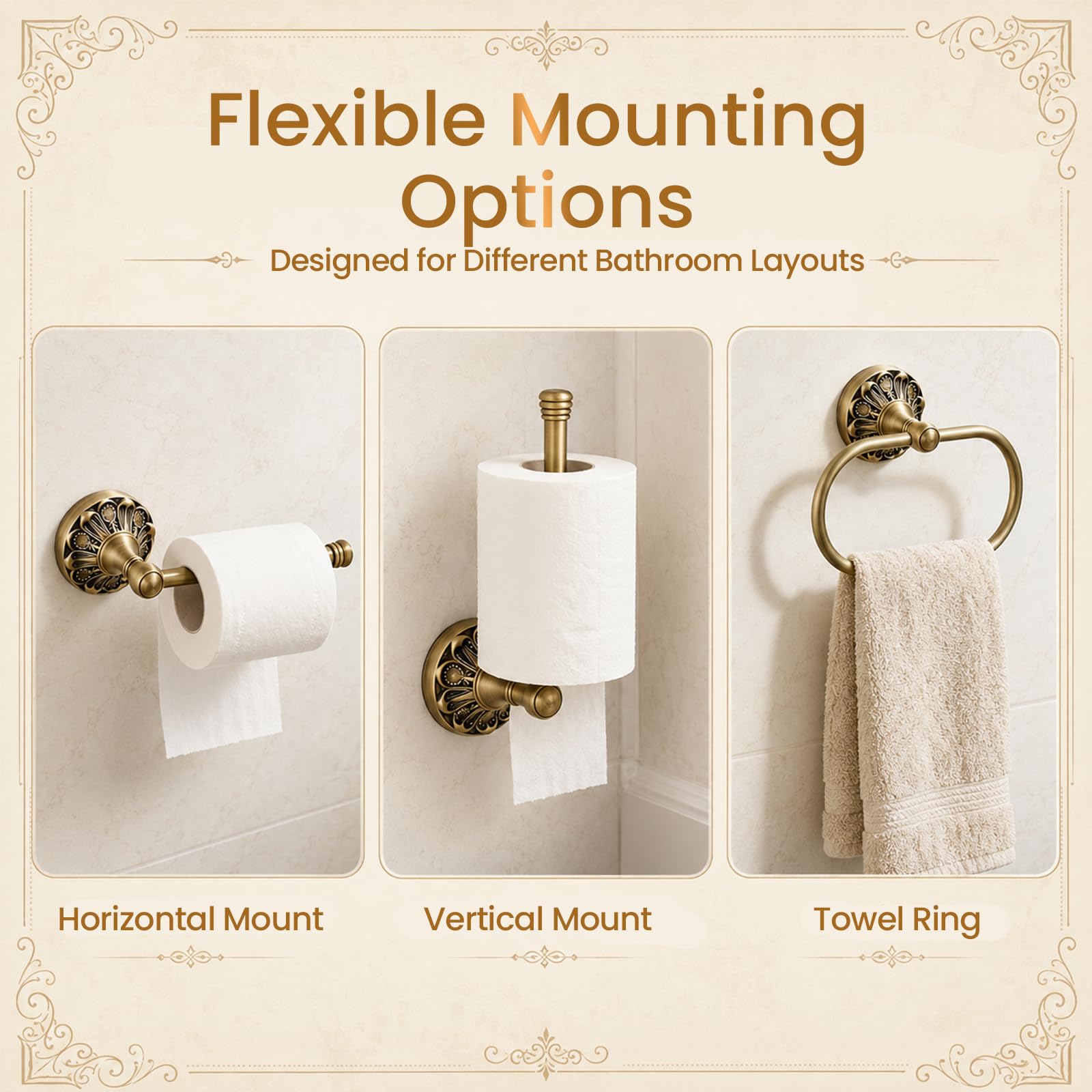 Antique Toilet Paper Holder 2 Pcs Gold Brass Hand Towel Ring Vintage Tissue Roll Set, Wall Mounted Bathroom Paper Hanger Hardware Decor Accessories(Oval) — Amazon image 3