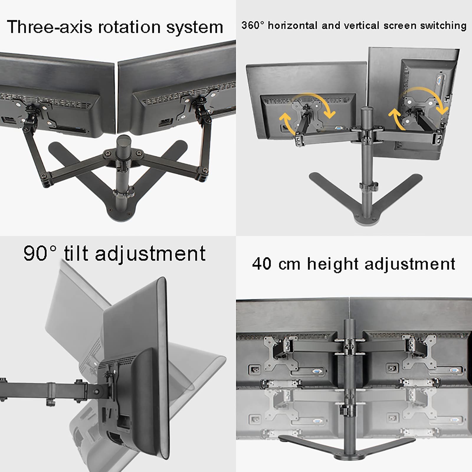 Supporto da Tavolo per TV/Monitor A Doppio Schermo, Supporto TV con Sistema di Rotazione A Tre Assi, Base da Tavolo Regolabile in Altezza Adatta A TV da 14 A 27 Pollici, 40 Cm