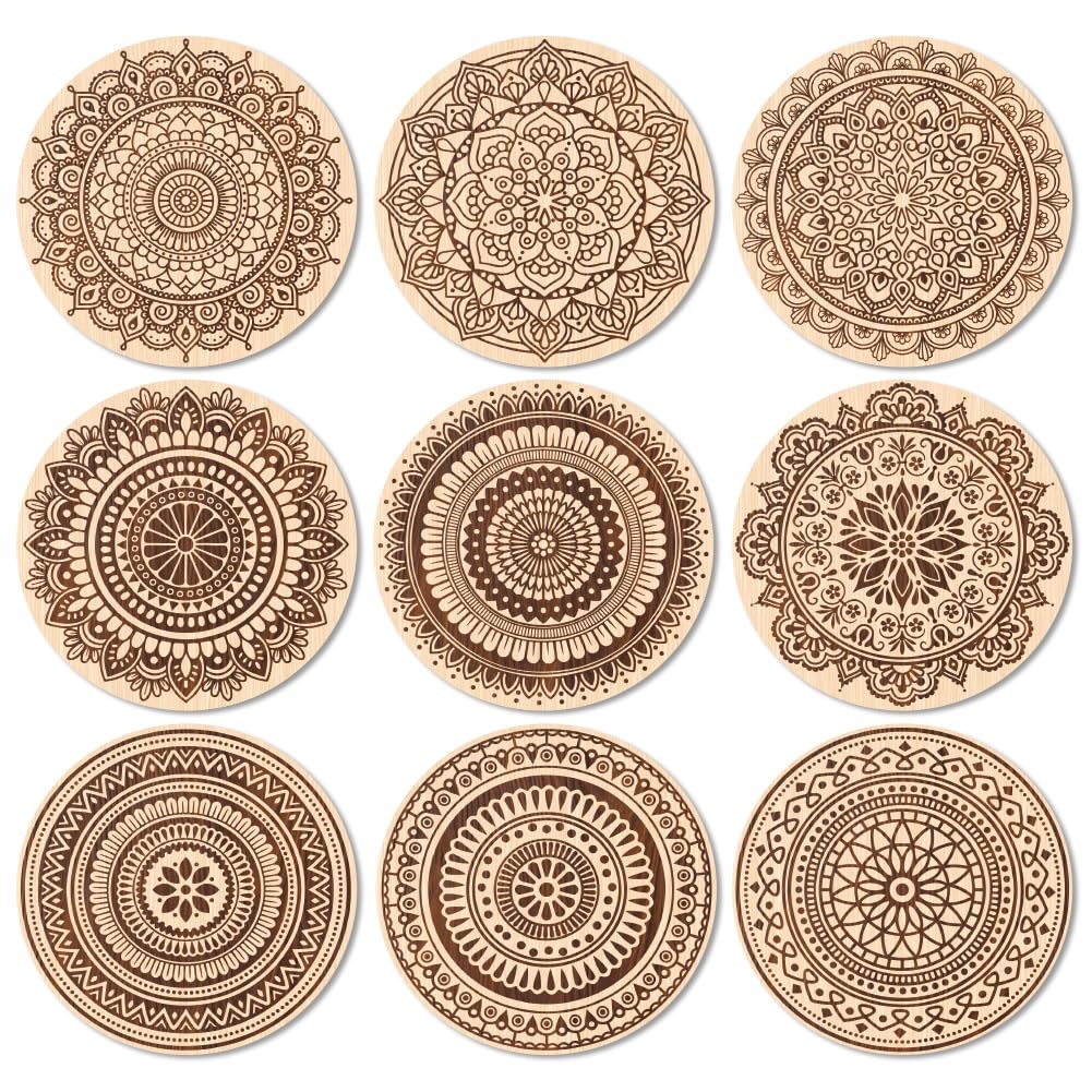 ANATTASOUL Wood Coasters Set of 9 for Drinks Line Drawing Mandala Pattern Colorful Wooden Cup Mat for Coffee Table Decor, 3.9" Non-Slip Desk Coasters for Home, Apartment, Office, Bar, Gifts