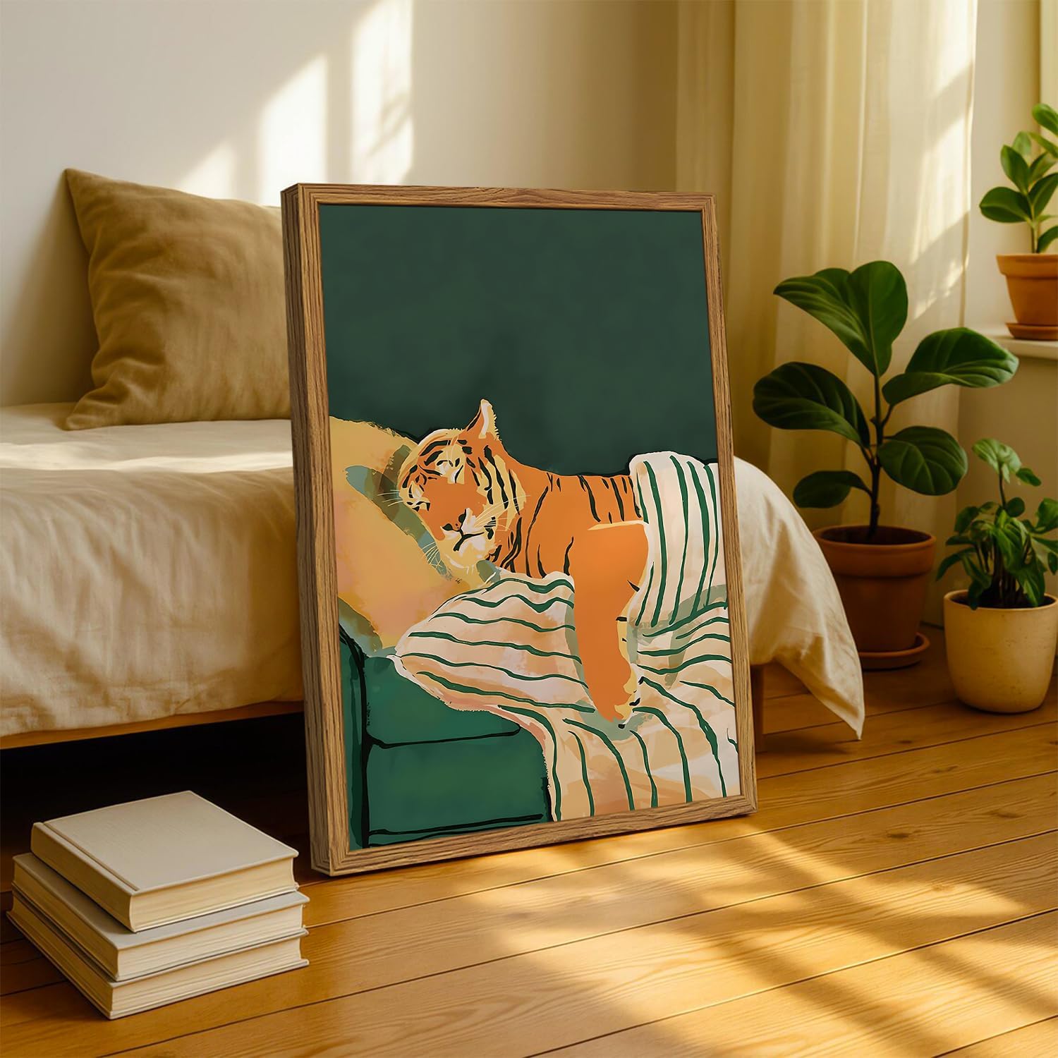 Framed Funny Tiger Canvas Wall Art, Vintage Sleeping Tiger in Bed Pictures Wall Decor, Eclectic Animal Paintings Prints Whimsical Home Decor for Living Room Bedroom Office Dorm 12x16 inch