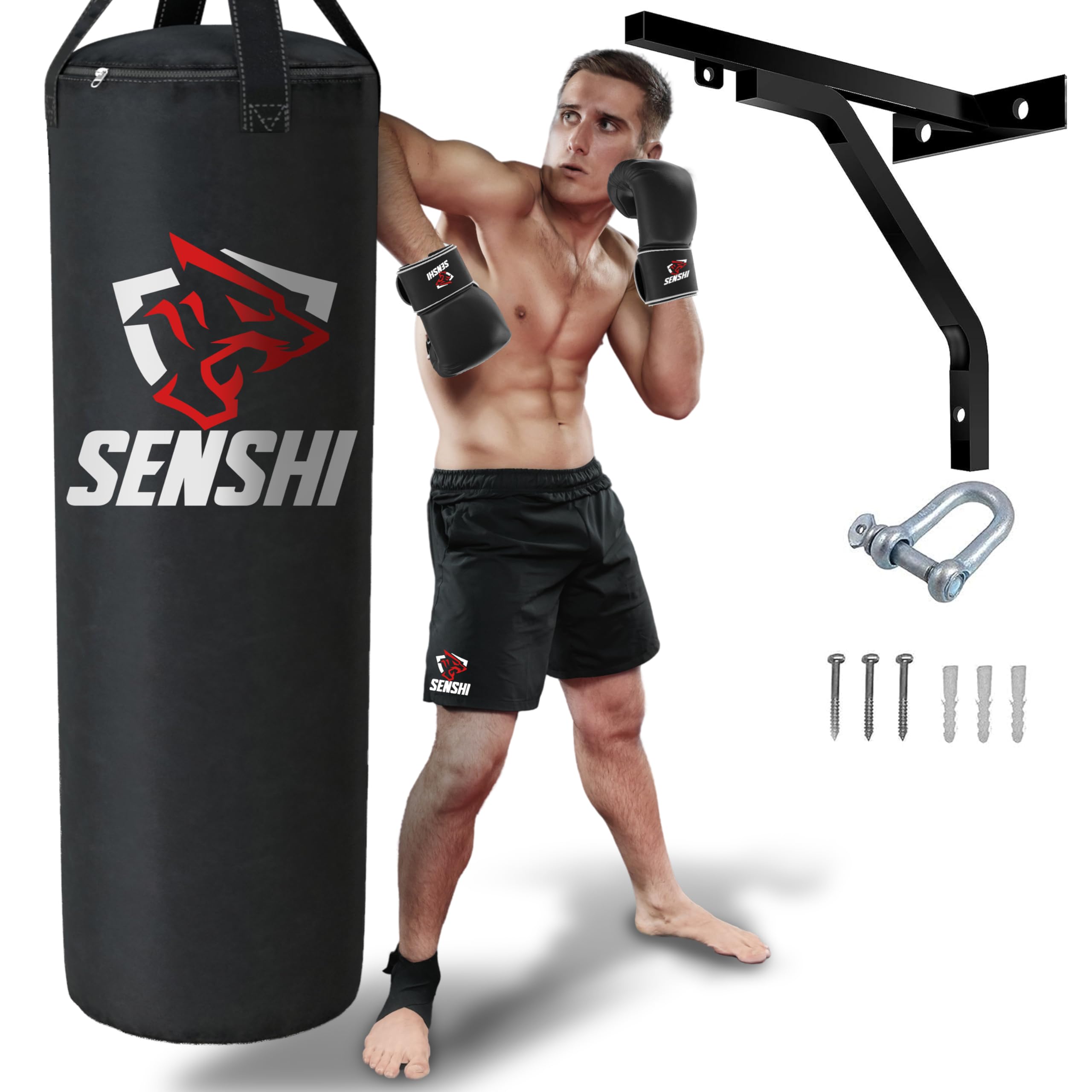 Senshi Japan 6ft, 5ft, 4ft, 3ft Punch Ba, Heavy Filled Hanging Boxing Bag For MMA, Kick Boxing, Muay Thai, Karate & Mixed Martial Arts (4 Ft Punch Bag & Wall Bracket)