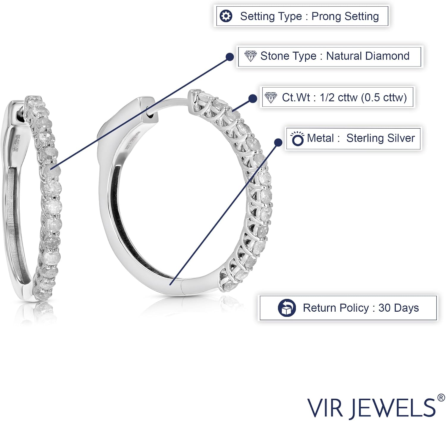 Vir Jewels 1/2 cttw Diamond Hoop Earrings .925 Sterling Silver 32 Stones Dangle 3/4 Inch
