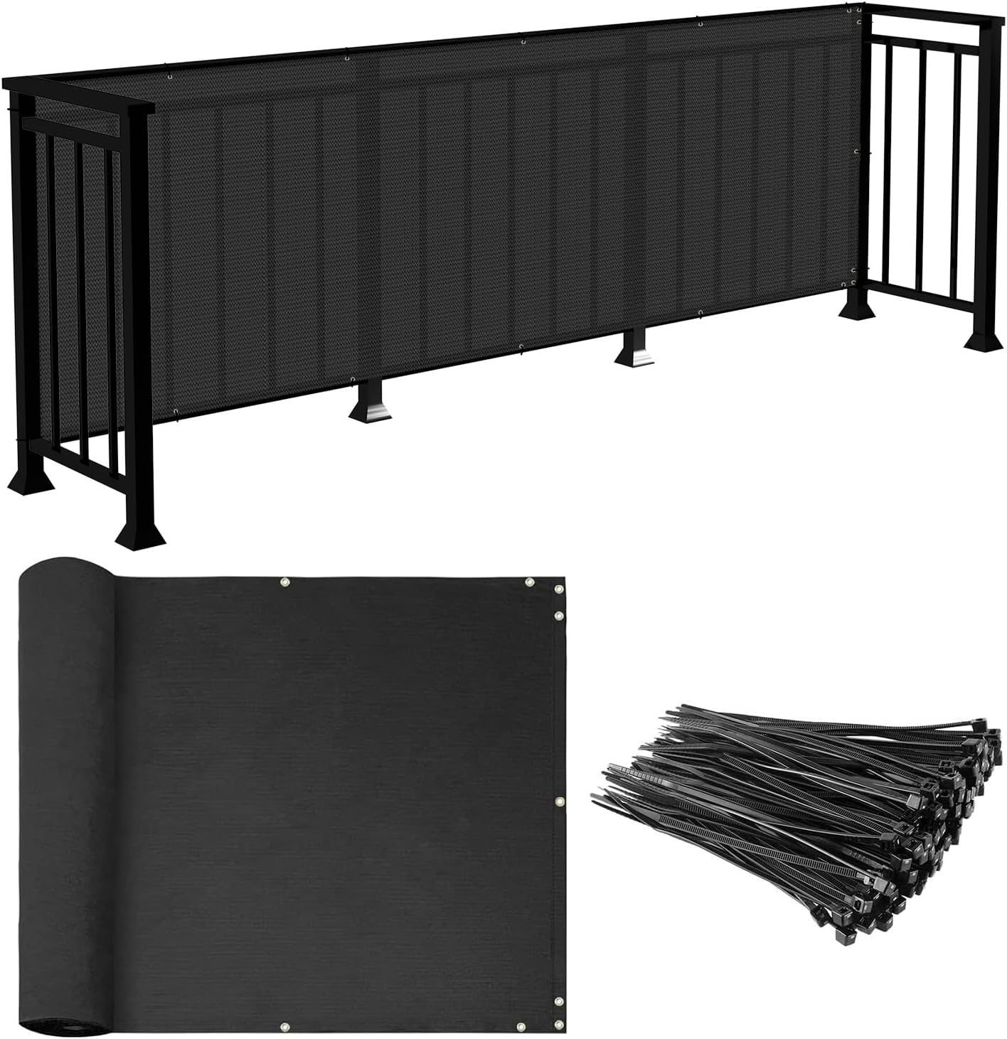 E&K Sunrise 2.5' x 9' Balcony Privacy Fence Screen Cover with Zip Ties Outdoor Screen Fence UV Protection for Deck Patio Backyard Apartment Pool Porch (Black)
