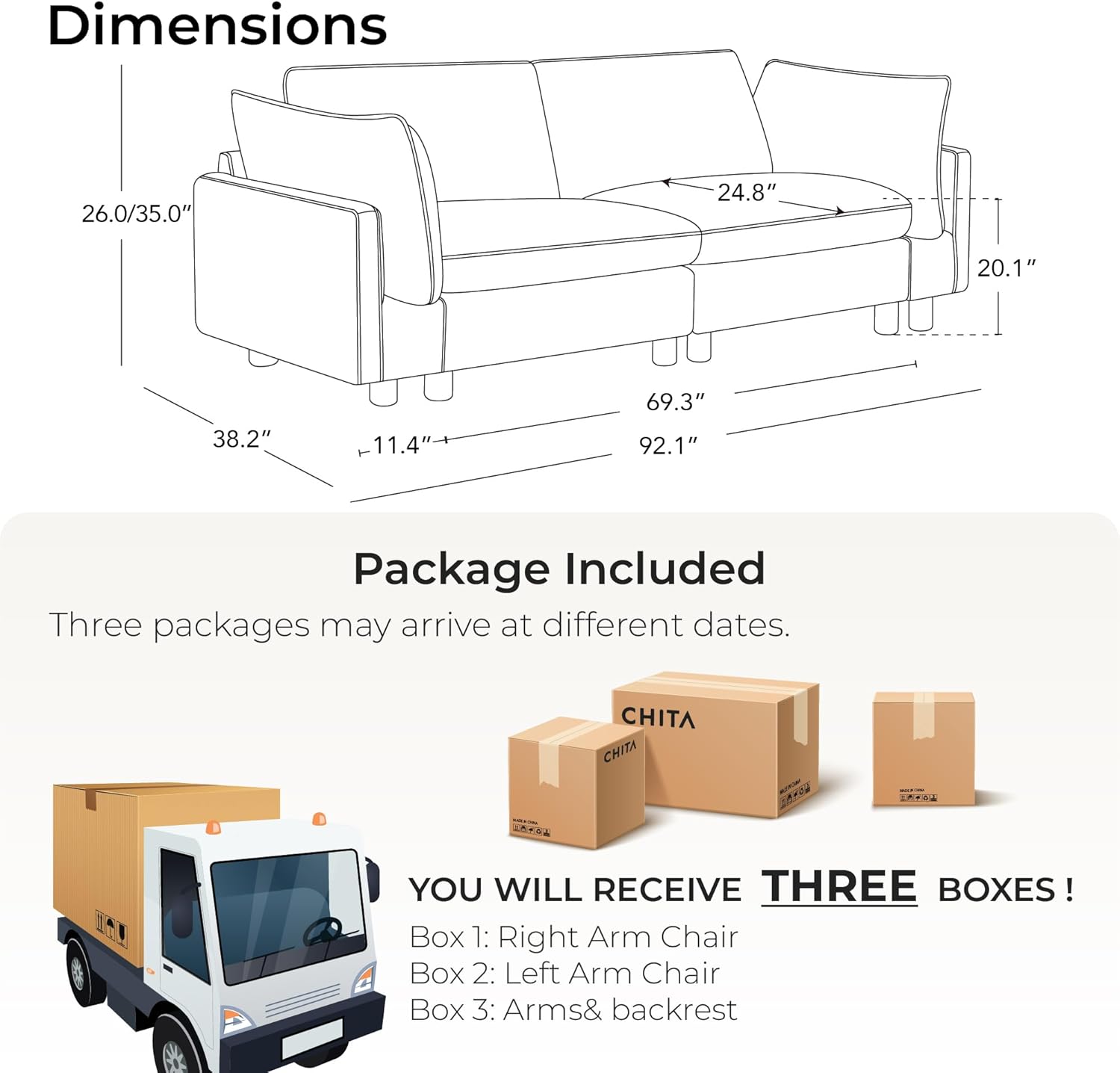 CHITA 92" Super Large Sectional Couches for Living Room, Modular Cloud Couch Sectional Sofa, Premium Fabric Couches, Down Filled, High Density Foam, Chenille in Beige, 2 Seater Loveseat