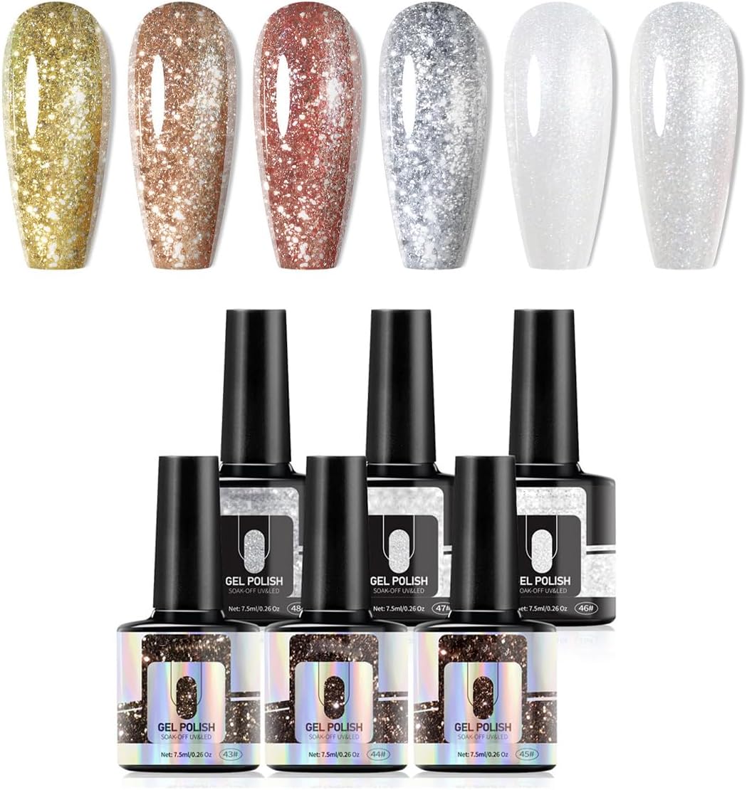 Gel Nail Polish Set, Glitter Color UV LED Gel Nail Kits Gel Polish Kit Soak Off Nail Art Design Decoration Gift for Girls Women Home DIY 6Pcs