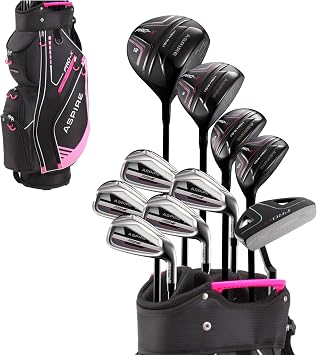 Aspire PRO-X 16-Piece Womens Golf Club Set, Includes Titanium F Driver, #3 Fairway Wood, 4-5 Hybrids, 7-SW Irons, Putter, Cart Bag, 4 H/Cs, Golf Clubs Women Right Handed, Regular & Petite Sizes