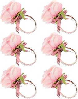DOITOOL 6 Piezas Servilleteros con Anillos de Perlas y Rosas Artificiales Decorativos para Bodas y Cenas Anillos de Ligeros y Resistentes para Decoración de Mesa y Centro de Comedor Rosa