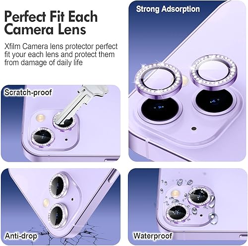 Miniatura 3 de Xfilm Protector de lente de cámara para iPhone 14  iPhone 14 Plus Bling, dureza 9H, a prueba de arañazos, anillo de diamante individual de metal