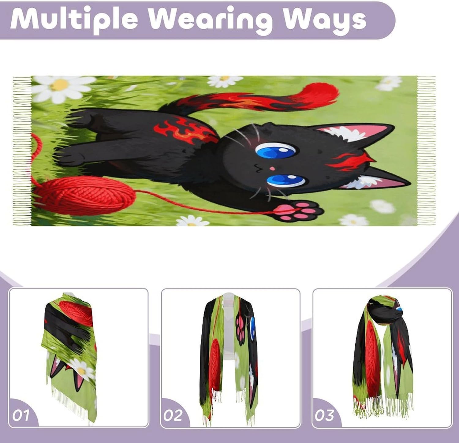 Black Red Kitten Scarfs for Man Women Winter Scarf Long Shawl Wraps Fashion Classic Tassel Scarfs Soft Blanket Scarves