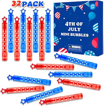 Fourth of July Party Favors Supplies for Kids,32 Pack 4th of July Mini Bubbles Goodie Treat Bags Stuffers for Toddler Boys Girls,250th Anniversary Patriotic Toys Gifts Prize Accessories Birthday Decor
