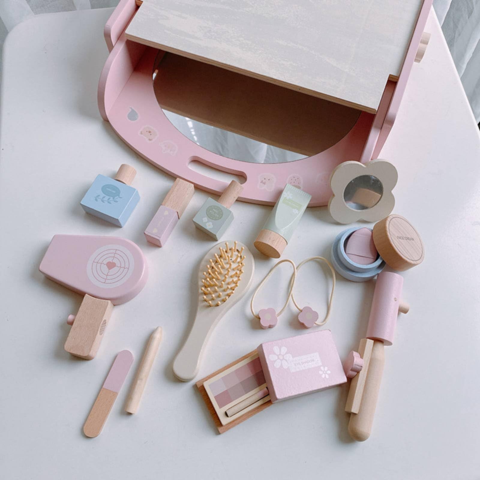 Set da Trucco Finto per Bambini Idea Regalo Set Trucchi e Parrucchiere Finti Interazione Genitore-Figlio Kit Cosmetici in Legno per Stanza Dei Giochi