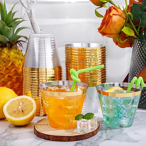 Vista 21 de I00000 200 vasos de plástico desechables plateados de 10 onzas, vasos de plástico transparente a la antigua, vasos de borde plateado, desechables