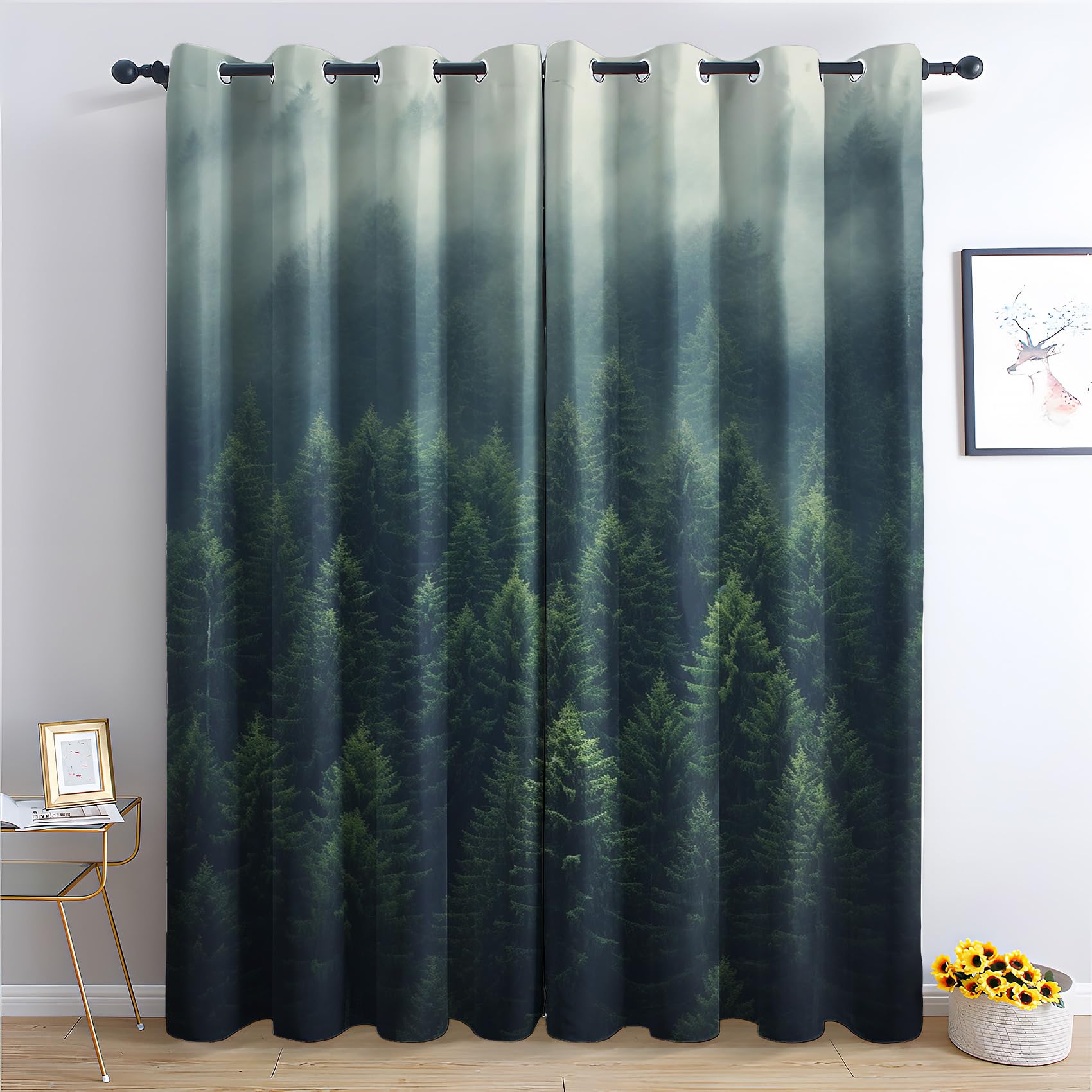 QEODAH Misty Forest Curtains 137cm Drop, Green Tree Nature Landscape Patterned Blackout Curtains for Bedroom, Living Room Decor, Soft Thermal Insulated Eyelet Drapes for Windows - 2 Panels