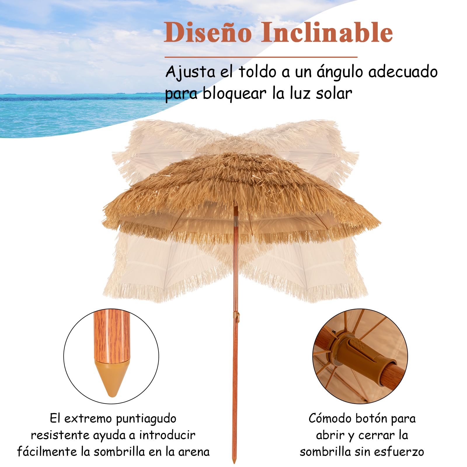GOPLUS 2M Sombrilla Paja de PP con Flecos, Parasol Hawaiana Inclinable de Terraza Exeterior con 8 Varillas, Bolsa de Transporte, Protección Solar para Jardin, Balcón, sin Base(Natural, 200cm)