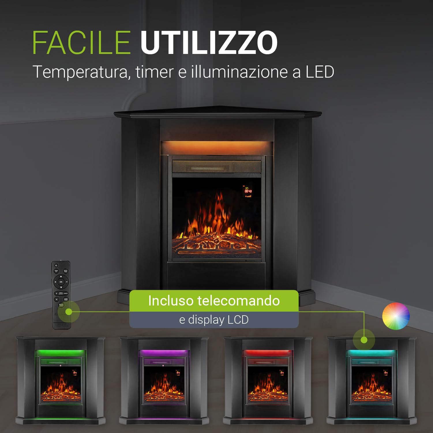 Juskys camino elettrico 1000/2000 W con riscaldamento, fuoco di camino, effetto fiamma, telecomando, illuminazione a LED e timer - Camino elettrico angolare nero