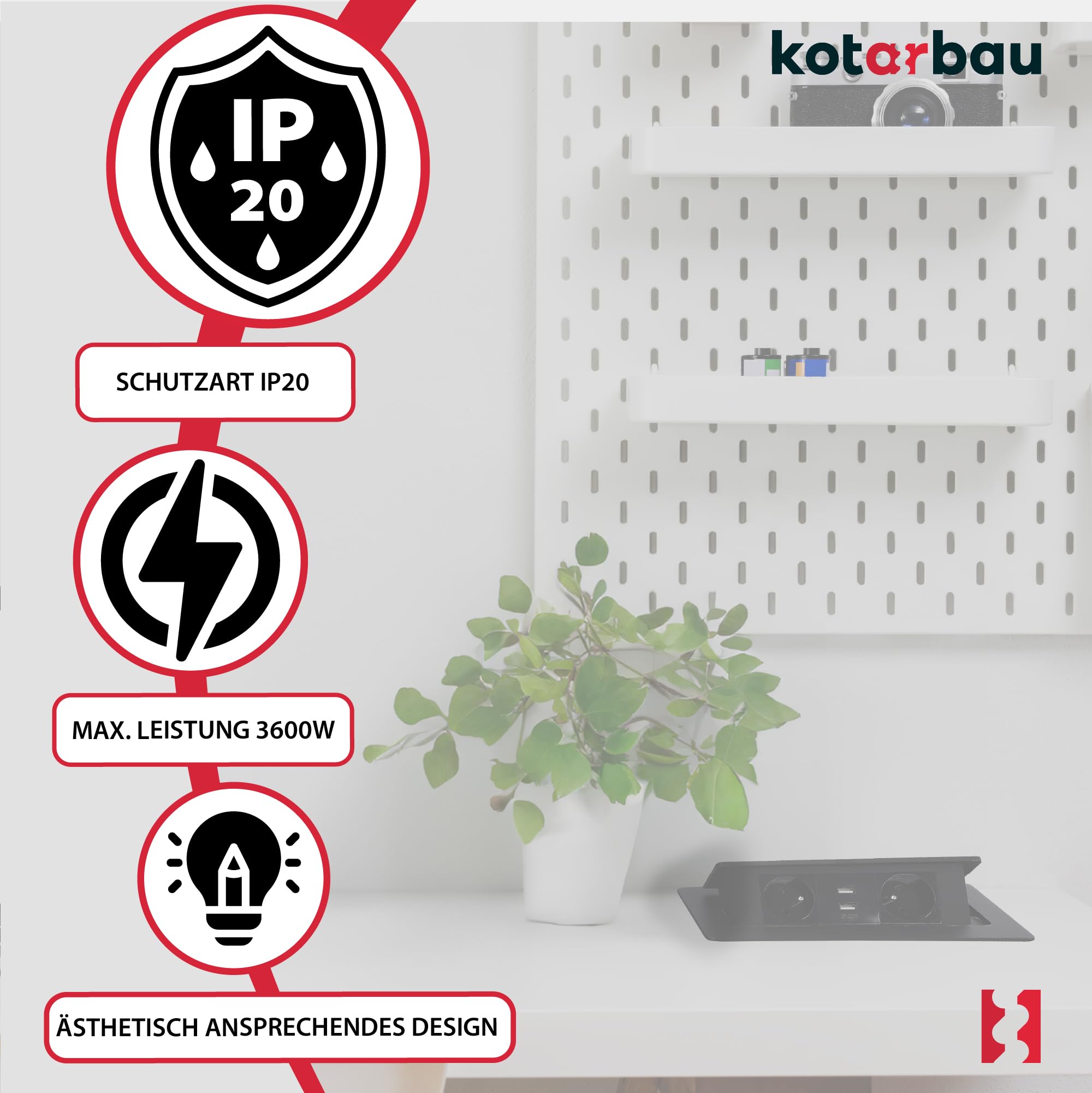 KOTARBAU® - Ciabatta elettrica a 2 prese, con porte USB, in alluminio, colore nero