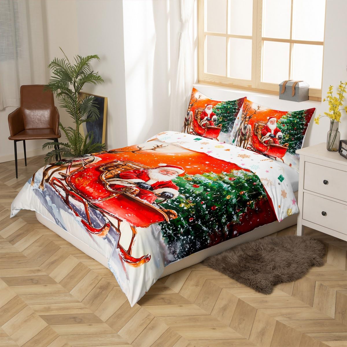 Homewish Świąteczna poszewka na kołdrę w rozmiarze king size, Święty Mikołaj, renifer, łoś, zestaw pościeli, zimowa poszewka na kołdrę z motywem choinki, dla dzieci, chłopców, dziewcząt, dorosłych
