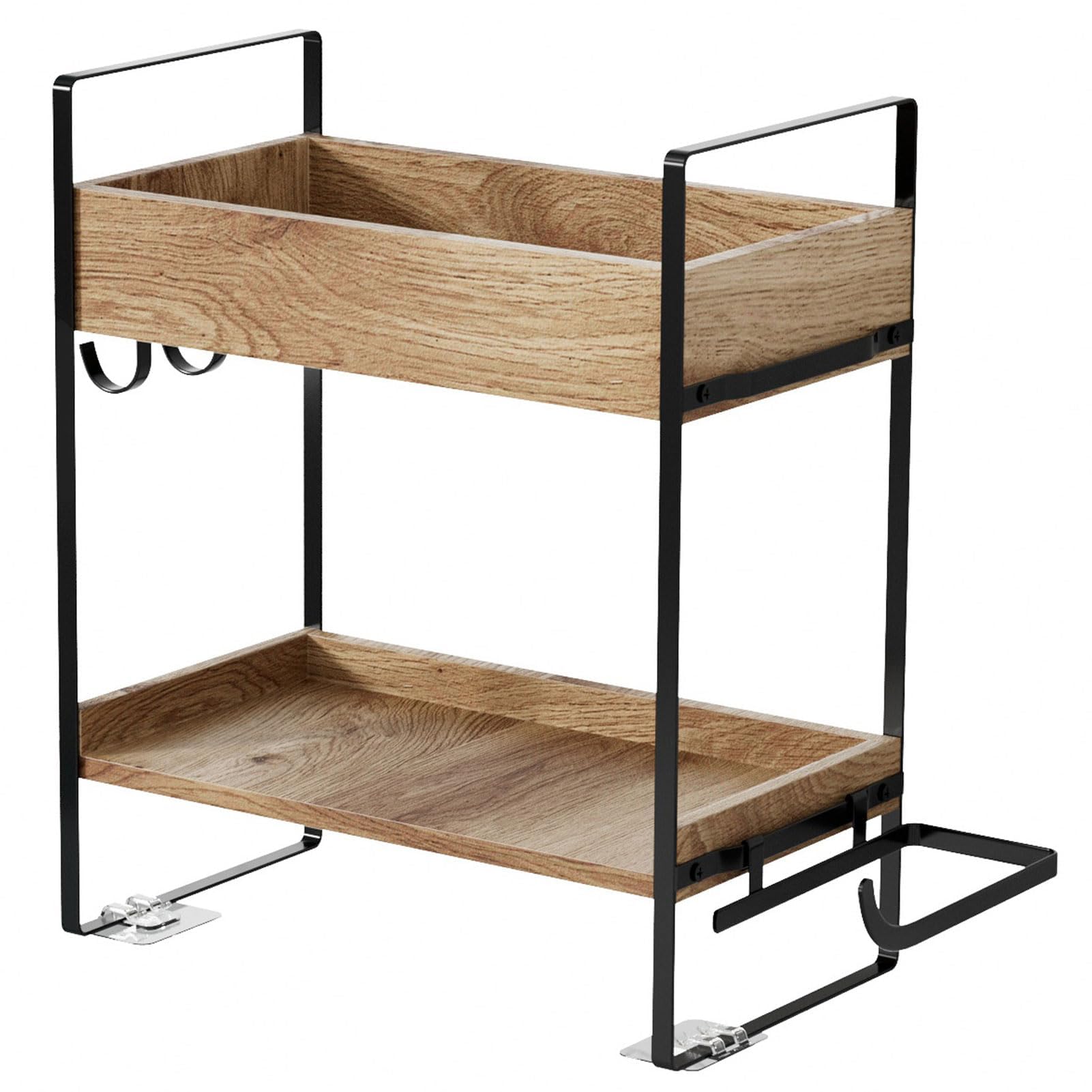 Lorbro Over The Toilet Storage, Over Toilet Shelf Organizer with Adhesive Base, Wooden 2-Tier Over Toilet Bathroom Organizer with 2 Hooks for Paper Towels Holder Shampoos, Space Saver, Gifts, Black