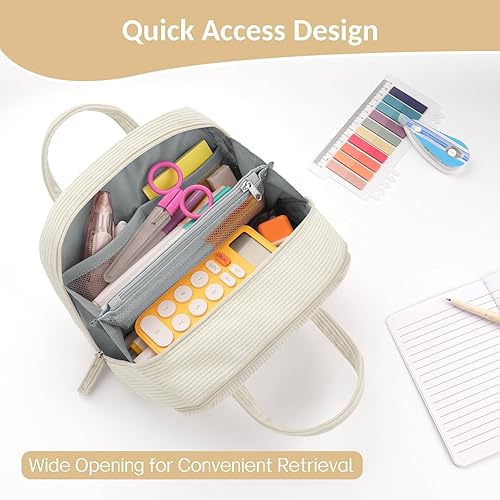 Miniatura 5 de Sooez Estuche grande para lápices, extra grande con 5 compartimentos, bolsa para bolígrafos de amplia apertura, organizador suave de gofres con